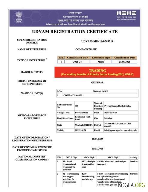 Modèle Word et PDF de certificat d'enregistrement India Udyam, version 3